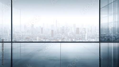 Silhouette of Person Standing Near Large Windows Overlooking Distant Cityscape with White Overcast Sky and Modern Interior Design in Soft Lighting
