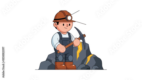 Hardworking Miner Character Extracting Gold from Rock with Pickaxe, Symbolizing Industry