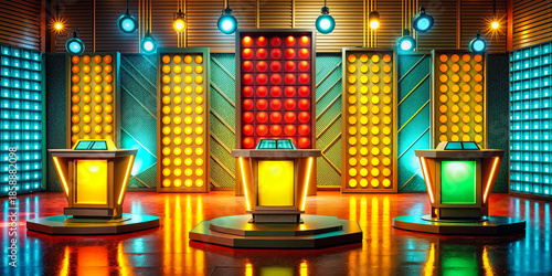 Colorful retro game show stage featuring podiums and vibrant lighting for a dynamic television experience