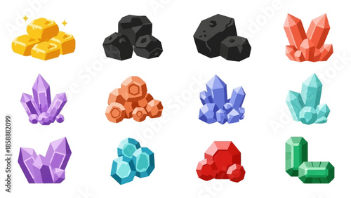 Diverse array of sparkling fantasy crystals, valuable natural resources, and precious metals in a vibrant collection