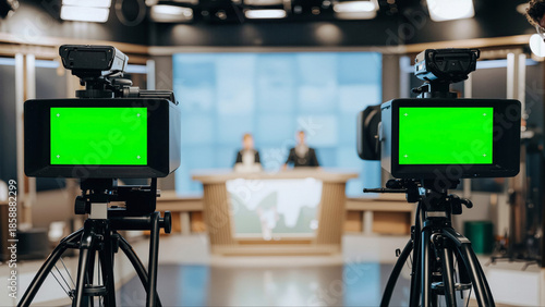 Professional television studio interior with green screen cameras filming blurred anchors behind news desk
