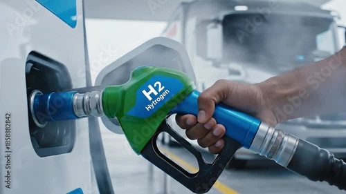 Hydrogen fueling station with hand holding H2 nozzle