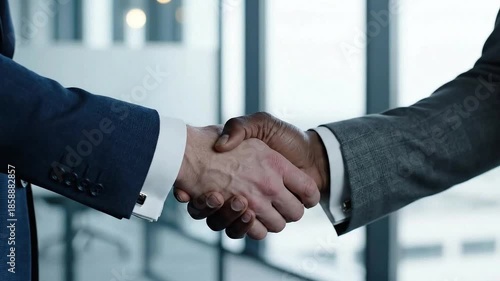 Businessmen shaking hands in modern office setting