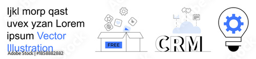 Business tools, cloud computing, innovation, CRM, technology integration, free resources. A box with free, CRM text cloud and lightbulb with gear icon. Business tools and cloud computing concept