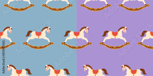 Seamless pattern with classic rocking horses on pastel backgrounds. Cute vintage toy illustration for kids designs, nursery decor, wrapping paper, textiles and festive or retro projects. Flat vector.