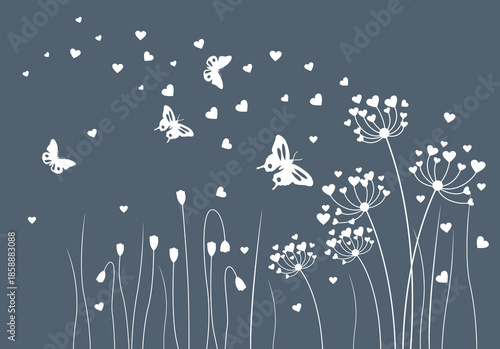 Dandelions and butterfly on the wall background.  Vector illustration