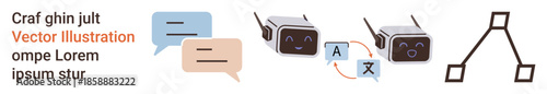 Language learning, AI technology, communication tools, multilingual interaction, translation services, data flow. Chat bubbles, robotic faces and a network diagram. Language learning and AI