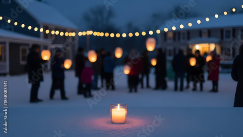 Community gathering with lanterns and candlelight in winter evening  