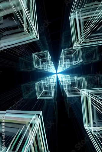 Futuristic digital abstract with glowing wireframe cubes and lines
