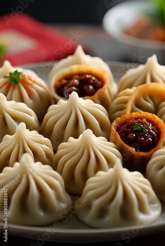 Assorted steamed and fried dumplings with spicy sauces on a white plate
