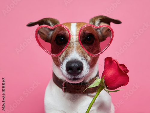 A cute French Bulldog dog wearing heart-shaped sunglasses holding a red rose, funny Valentine’s Day theme, love and romance mood.