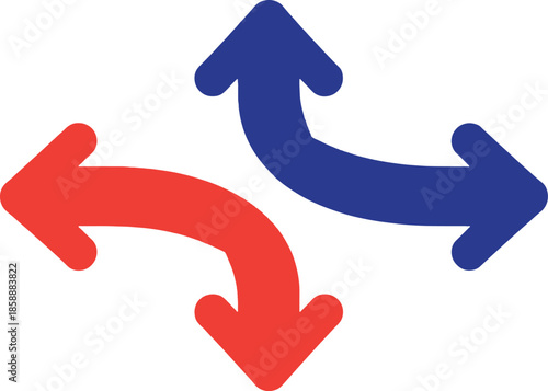 Abstract graphic icon featuring curved arrows in red and blue, illustrating diverse directions, movement, and the concept of multiple choices or divergent paths in a dynamic flow