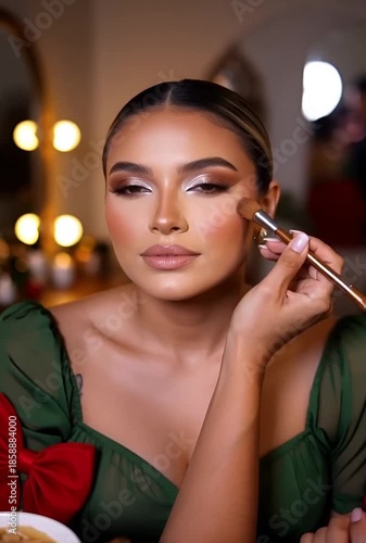 Woman with flawless makeup applying highlighter in a warmly lit room