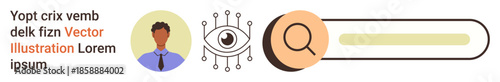 Identity verification, cybersecurity, data analysis, search features, user profiles, digital access. Illustration showing a user profile, eye recognition and search bar. Identity verification