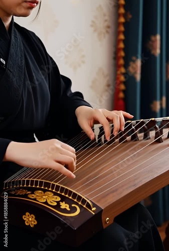 Woman playing traditional asian instrument in elegant indoor setting