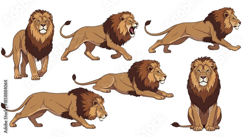 Majestic Lion Character Illustration Set with Poses Including Roaring, Prowling, and Sitting for Wildlife Education