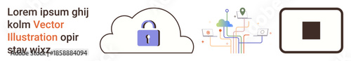 Cloud security, digital protection, data storage, technology, online privacy, secure networks. A cloud with a padlock icon, data networks and a square. Cloud security and digital protection concept