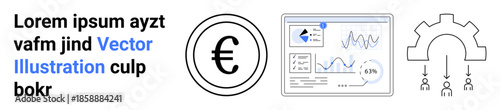 Finance, data visualization, economic technology, currency analysis, business flow, process management. Euro symbol, data dashboard gear with nodes. Finance and data visualization concept