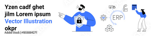 Business solutions, cybersecurity, operations, enterprise resource planning, data protection, and workflow. A person with a shield, ERP elements and system icons. Cybersecurity and business