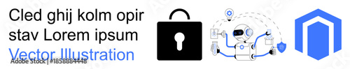 Cybersecurity, data protection, AI technology, online privacy, digital safety, network security. A robot with connected chains, a lock icon and a shield symbol. Cybersecurity and data protection