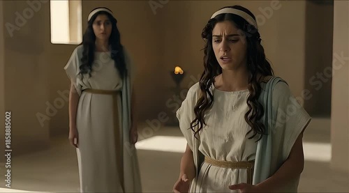 Two Women Walking Together in Biblical Courtyard