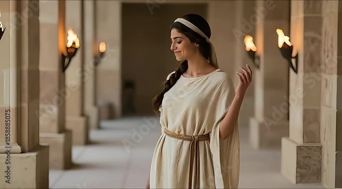 Young Woman Walking Through Ancient Temple Hall