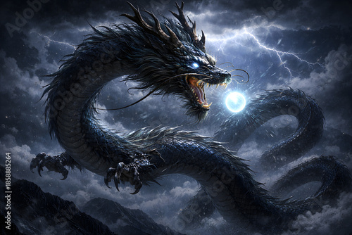 Chinese Dragon with Glowing Pearl Amid Thunderstorm and Dark Mountain Clouds
