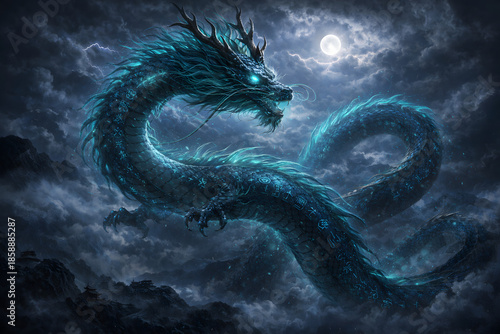 Azure Dragon of the Chinese Constellation Soaring in Stormy Moonlit Sky