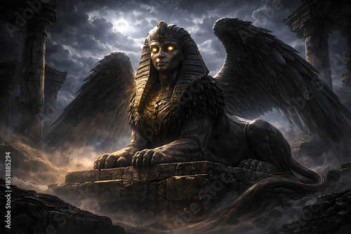 Winged Sphinx Guardian in Ancient Ruins under Stormy Moonlit Sky
