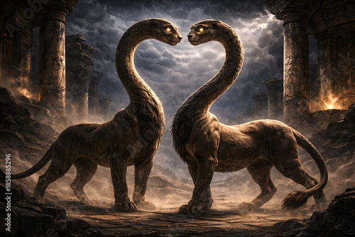 Serpopard Mythic Twin Beasts in Ancient Ruins under Dramatic Stormlit Sky