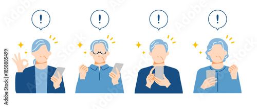 一般のシニア世代の男性と女性がスマホを持ってポジティブな様子。ベクターイラスト。フラットデザイン