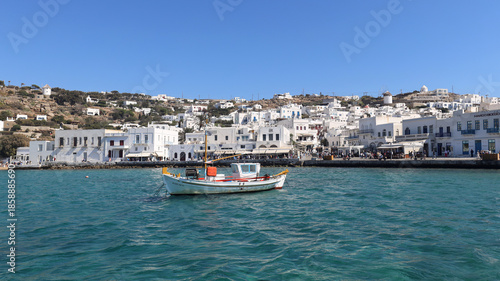 Fishing boat moored at Mykonos harbor