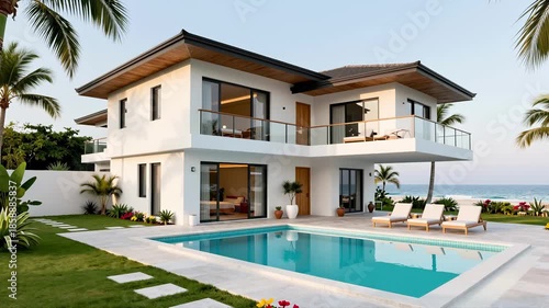 Wallpaper Mural Modern Tropical Villa with Pool and Palm Trees Overlooking the Ocean on a Sunny Day Torontodigital.ca