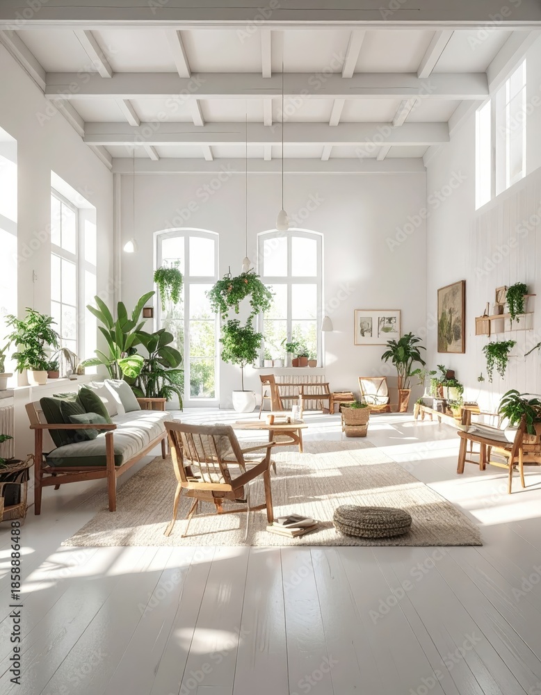 Fototapeta premium Bright, minimalist living room with sustainable decor and plants