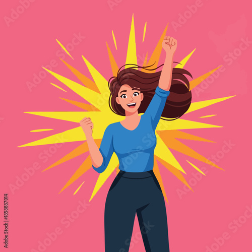 Woman celebrating success with raised fist and joyful expression in bright vector illustration 