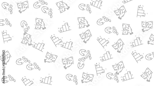 Pattern of scattered business and growth related doodle icons. Perfect for presentations, social media posts, web design, digital marketing.
