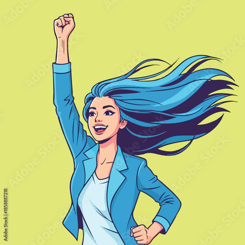 Woman with blue flowing hair raising fist in victory pose on yellow background vector illustration 