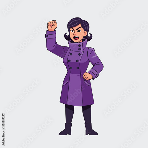 Woman in purple coat raising fist in protest or empowerment vector illustration with dark hair and confident stance 