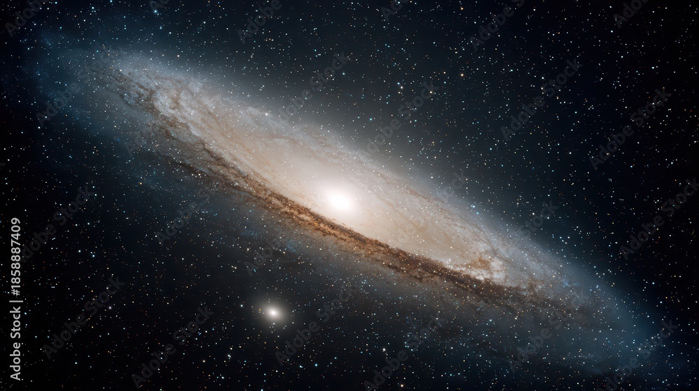 Fototapeta premium Andromeda Galaxy Shimmers With Star Clusters Dust Lanes Against Dark Blue Starry Sky Revealing Cosmic Wonder Deep Space Exploration Celestial View