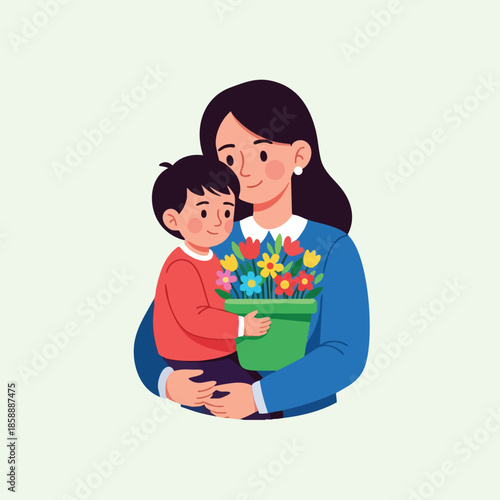 Mother holding child with colorful flower pot gift for special occasion celebration warmth and affection 