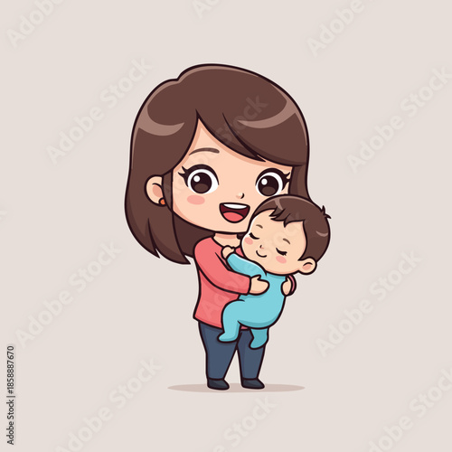 Mother embracing smiling baby in blue onesie happy family moment illustration vector 