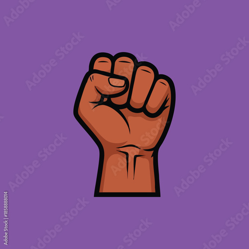 Raised clenched fist symbol of power and unity with dark skin tone on purple background vector illustration 