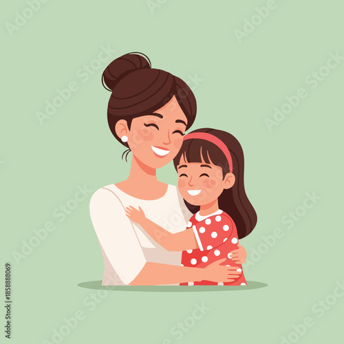 Mother and daughter embracing with joyful smiles in casual clothing vector illustration 