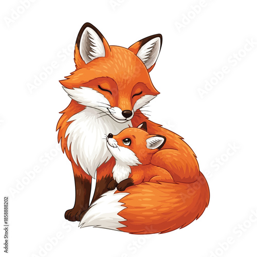 Fox mother and cub affectionate moment in orange and white fur wildlife animal vector illustration 