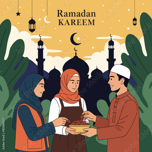 Muslim woman sharing food during iftar. Ramadan kareem flat cartoon character illustration