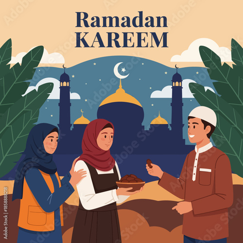 Muslim woman sharing food during iftar. Ramadan kareem flat cartoon character illustration