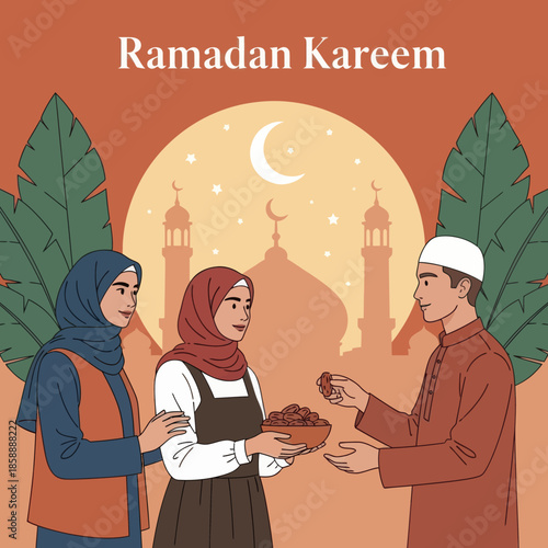 Muslim woman sharing food during iftar. Ramadan kareem flat cartoon character illustration