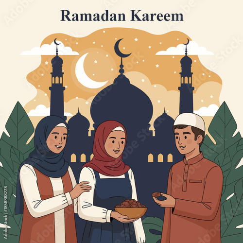 Muslim woman sharing food during iftar. Ramadan kareem flat cartoon character illustration