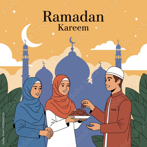 Muslim woman sharing food during iftar. Ramadan kareem flat cartoon character illustration