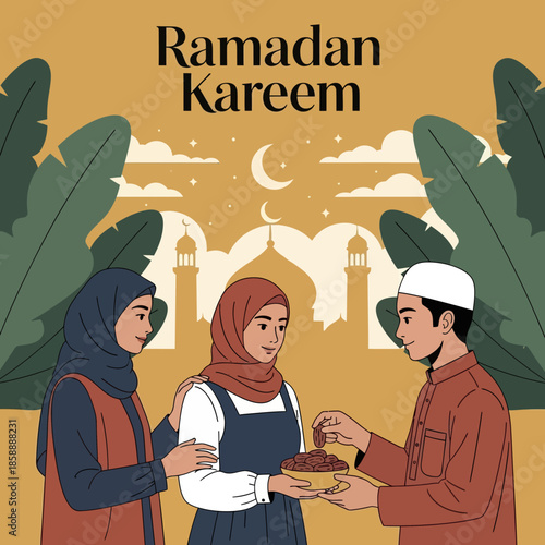 Muslim woman sharing food during iftar. Ramadan kareem flat cartoon character illustration